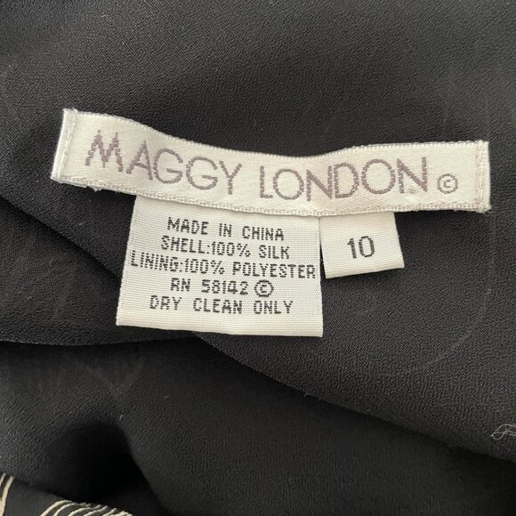 Vtg Y2K Maggy London A Line Midi Dress 10 Black White Floral Silk Flutter Sleeve - Picture 4 of 4
